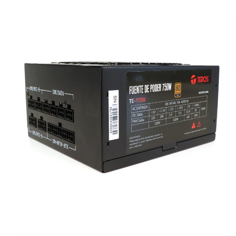 Fuente de alimentación TEROS TE-7175, ATX, 750W, 80 Plus Gold, 100V-240VAC, CERTIFICADA