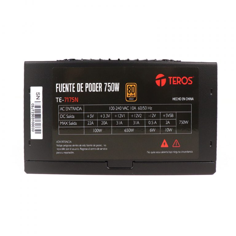 Fuente de alimentación TEROS TE-7175, ATX, 750W, 80 Plus Gold, 100V-240VAC, CERTIFICADA